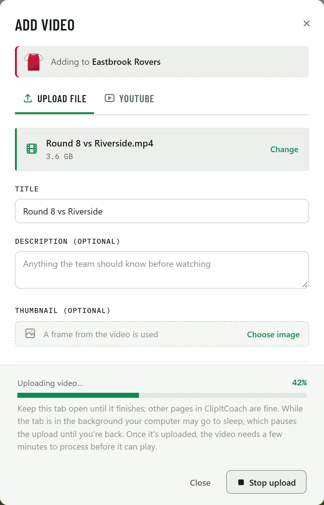 A 3.6 GB match uploading, 42% done