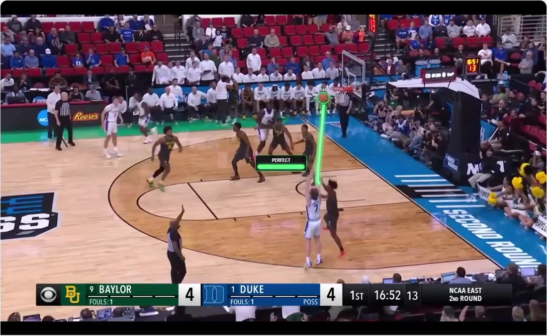 Basketball footage with the ball&rsquo;s trajectory traced on screen