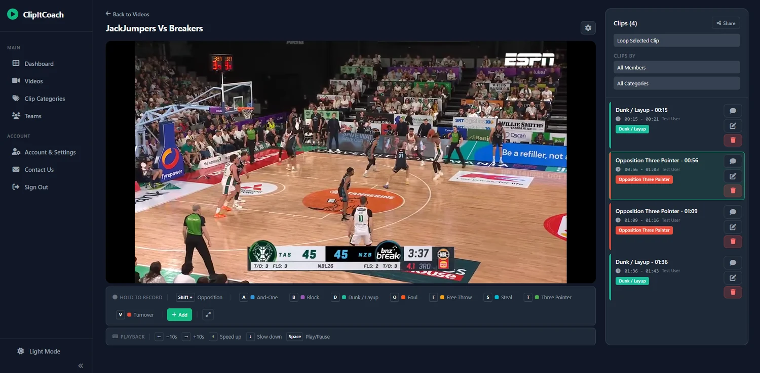 The ClipItCoach video player on desktop showing a game and its clip list