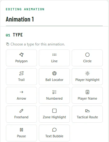 Drawing and animation tools including arrows, polygons and player highlights