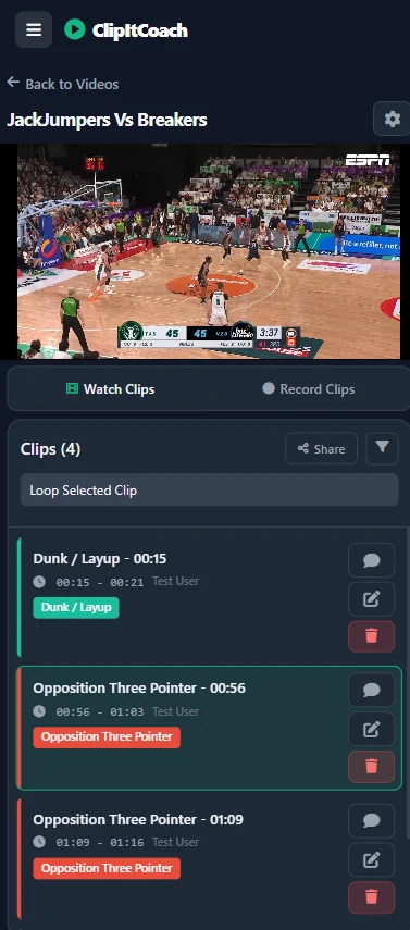 The ClipItCoach video player and clips on a phone