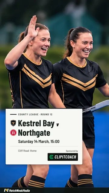 A fixture post in the Caption look: two hockey players smiling, with a white caption card reading Kestrel Bay v Northgate, Saturday 14 March, 15:00
