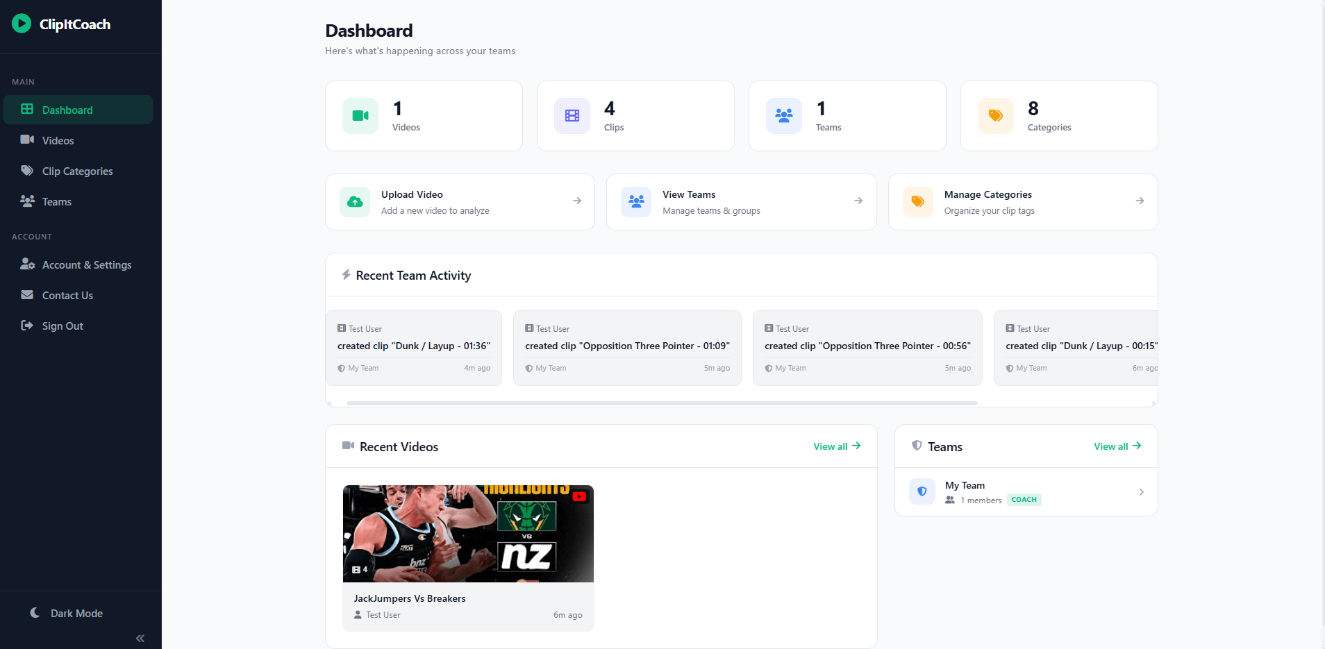 ClipItCoach dashboard showing recent team activity, videos, and team stats