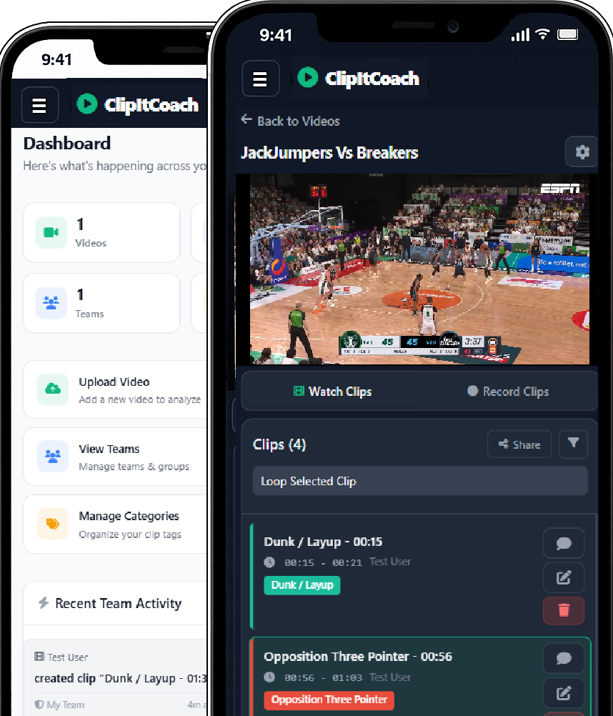 ClipItCoach mobile view showing clips and watch/record toggle